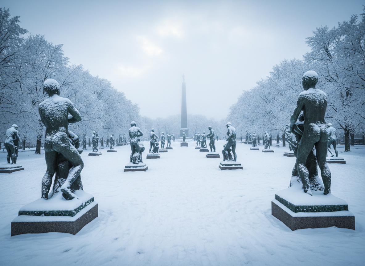 Winter in Vigeland Park: snow-covered sculptures, frosty trees, soft blue tones, cool atmospheric haze, quiet mood, medium-wide travel vlog shot.