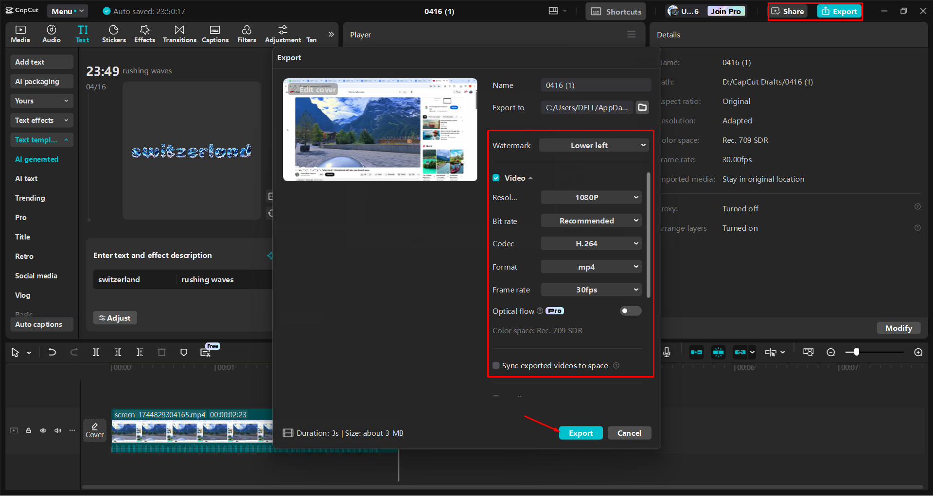Exporting a video from the CapCut desktop video editor