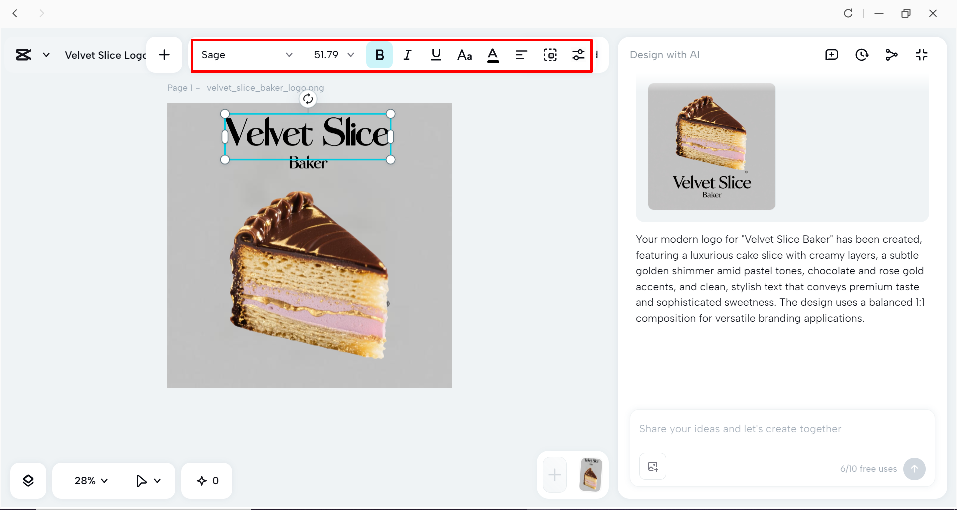 Editing the cake logo in the CapCut desktop video editor
