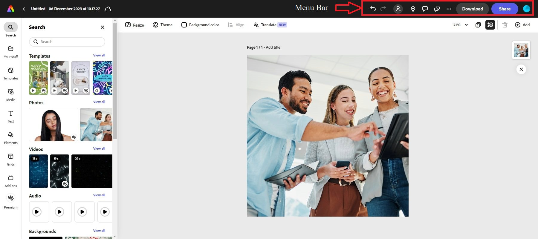 Interface of Adobe Express - a professional grade free online photo editor