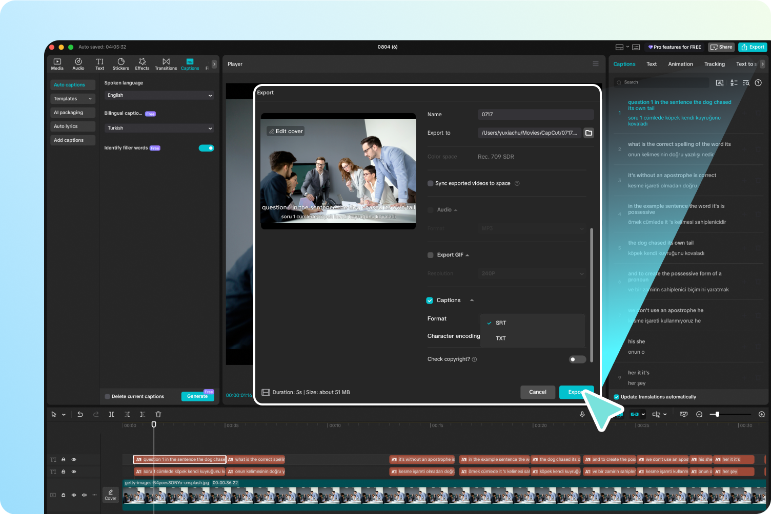 Previsualiza y exporta subtítulos de CapCut