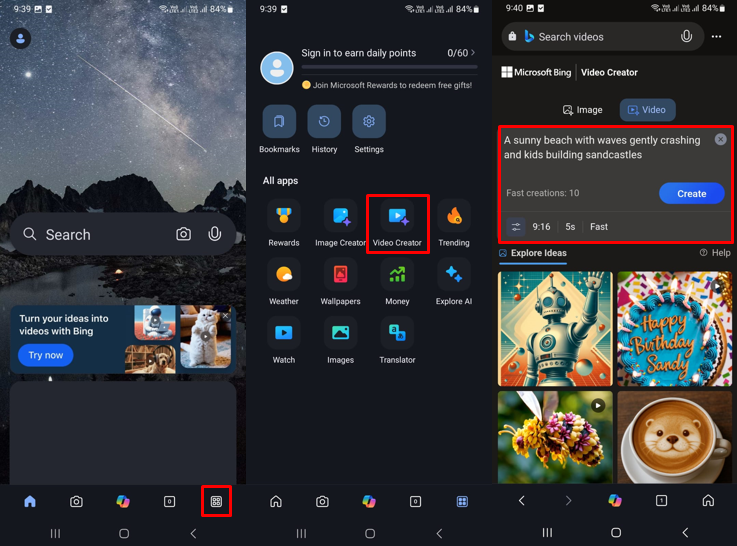 Interface showing how to use the Bing AI video generator