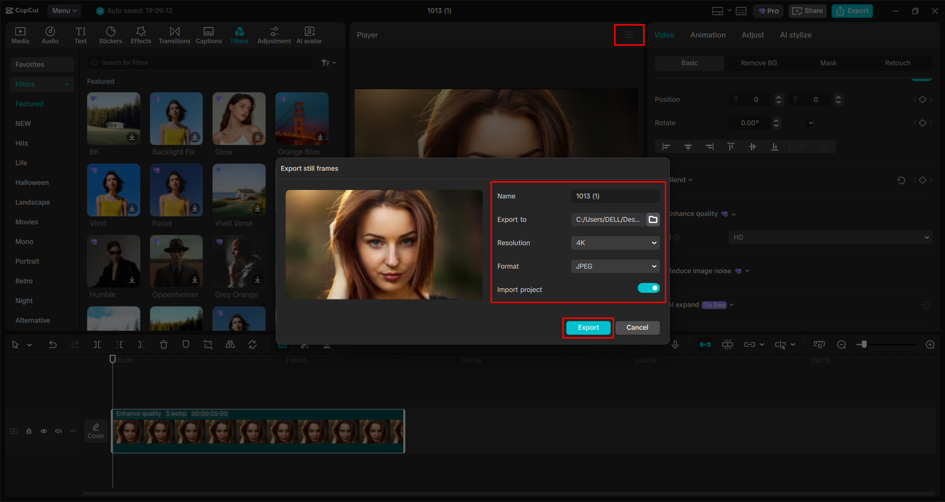 Downloading the image from the CapCut desktop video editor