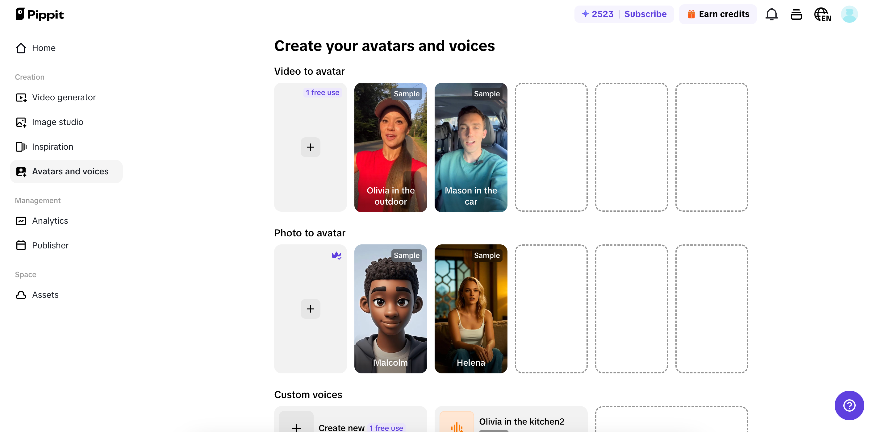 AI avatars and voices library in Pippit
