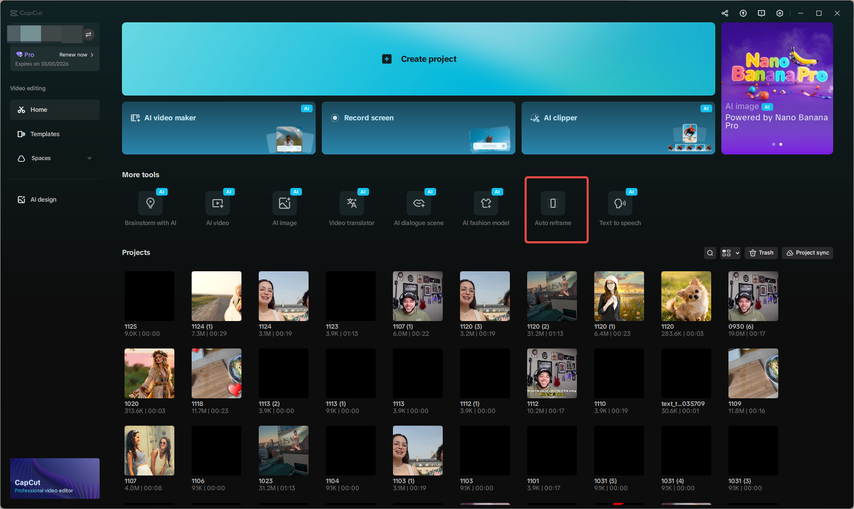 Accessing the auto reframe feature in the CapCut desktop video editor