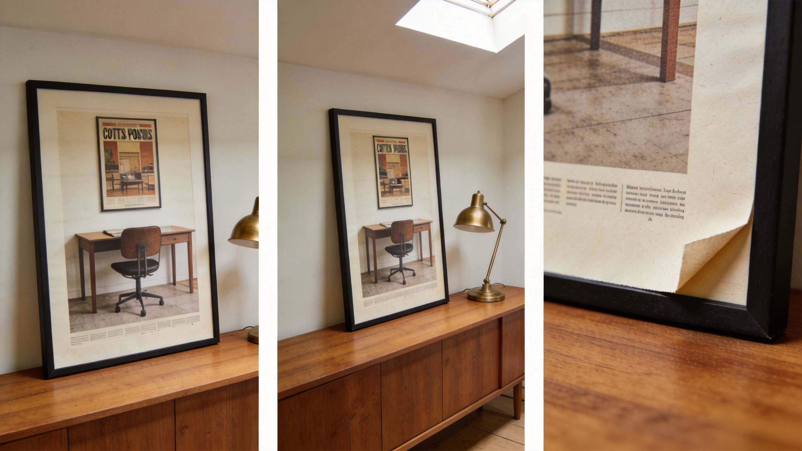 Framed poster mockup leaning on a wooden cabinet beside a brass desk lamp in a room