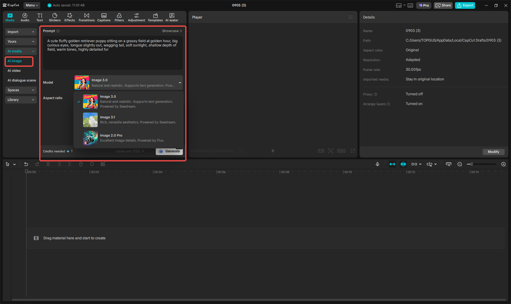 Acessando o IA recurso de imagem no CapCut e inserindo um prompt de texto