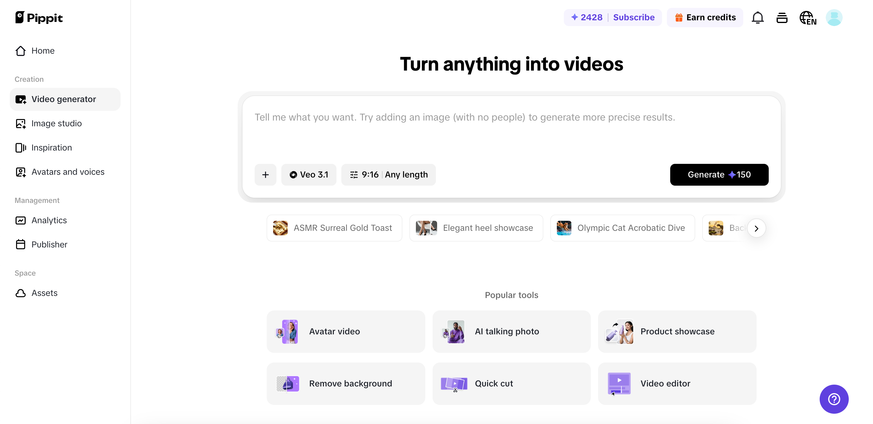 Acessando o gerador de vídeo no Pippit