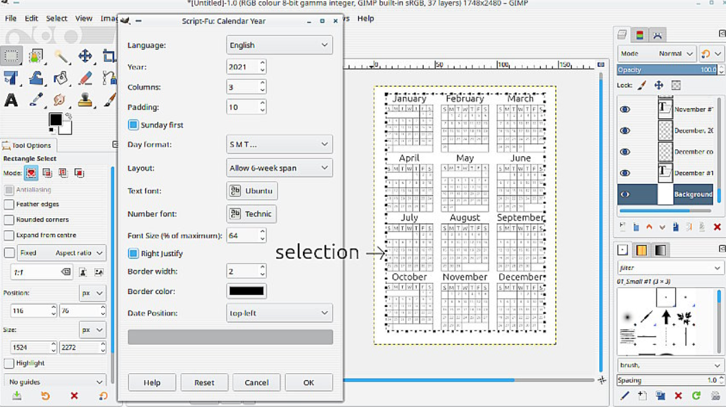 GIMP weekly calendar template