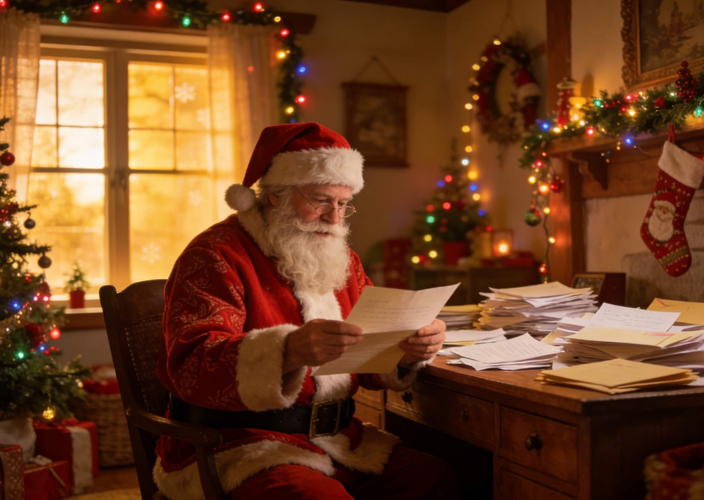 Babbo Natale si rilassa accanto al camino, sorseggiando cacao