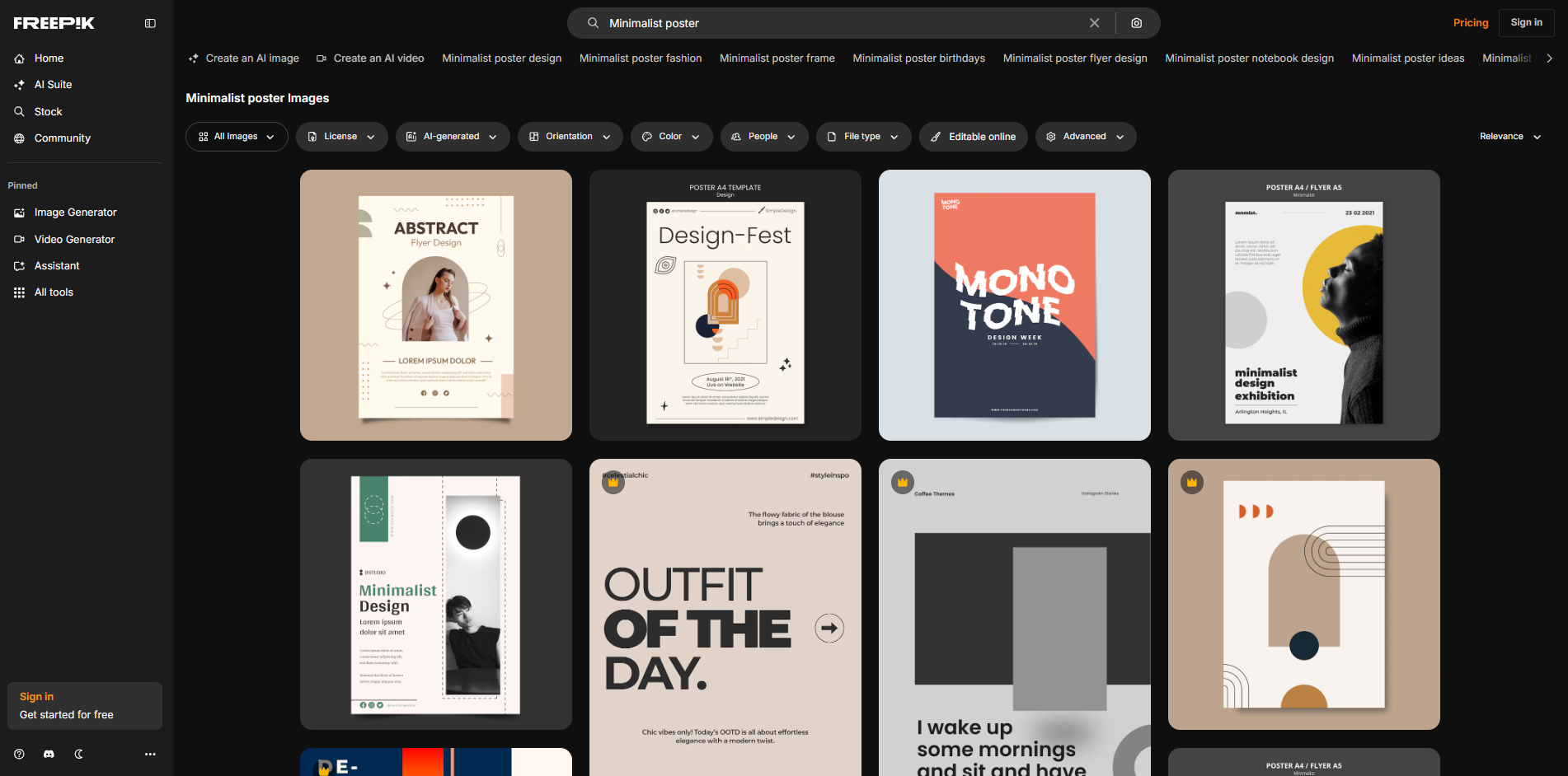Interface of Freepik - another site with diverse minimalistic poster designs