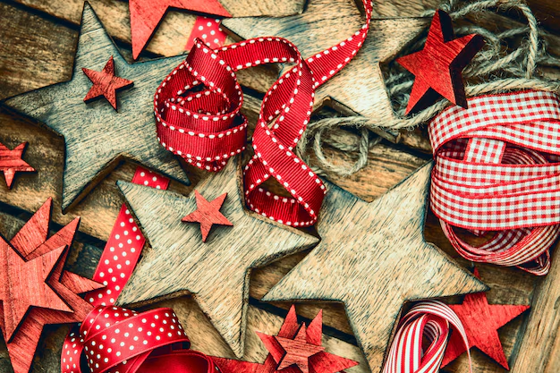 Retro Christmas background with ornaments and ribbons