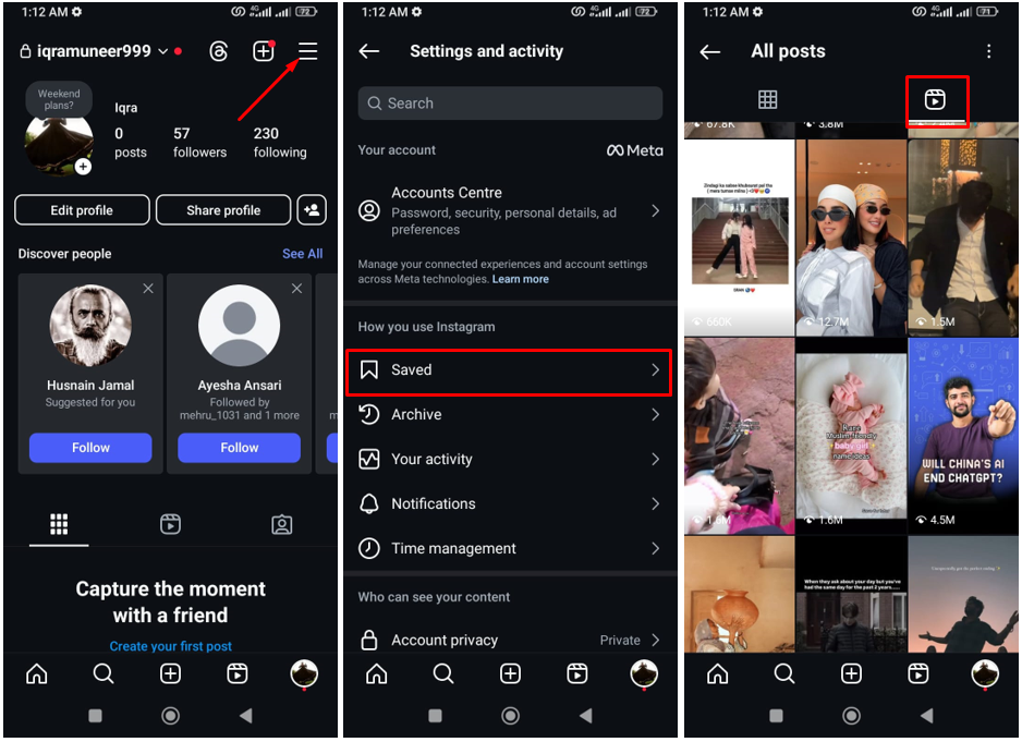 Obrazek pokazujący, jak przeglądać zapisane bębny na Instagramie na telefonie komórkowym