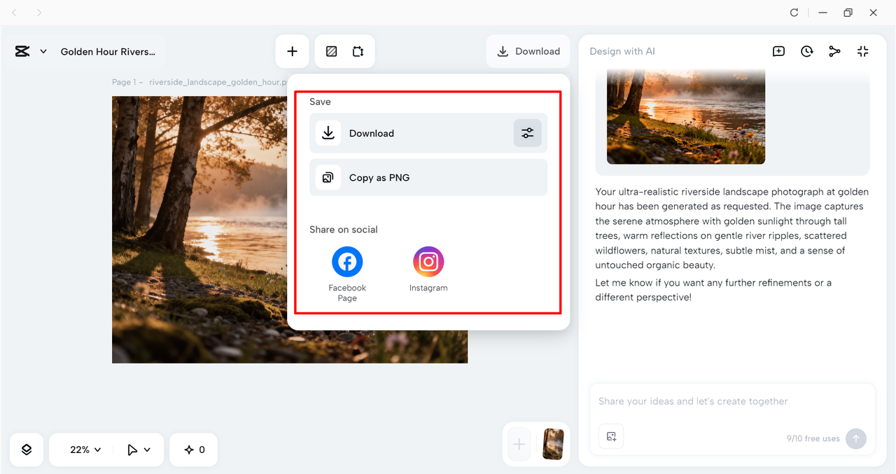 Downloading the image from the CapCut desktop video editor