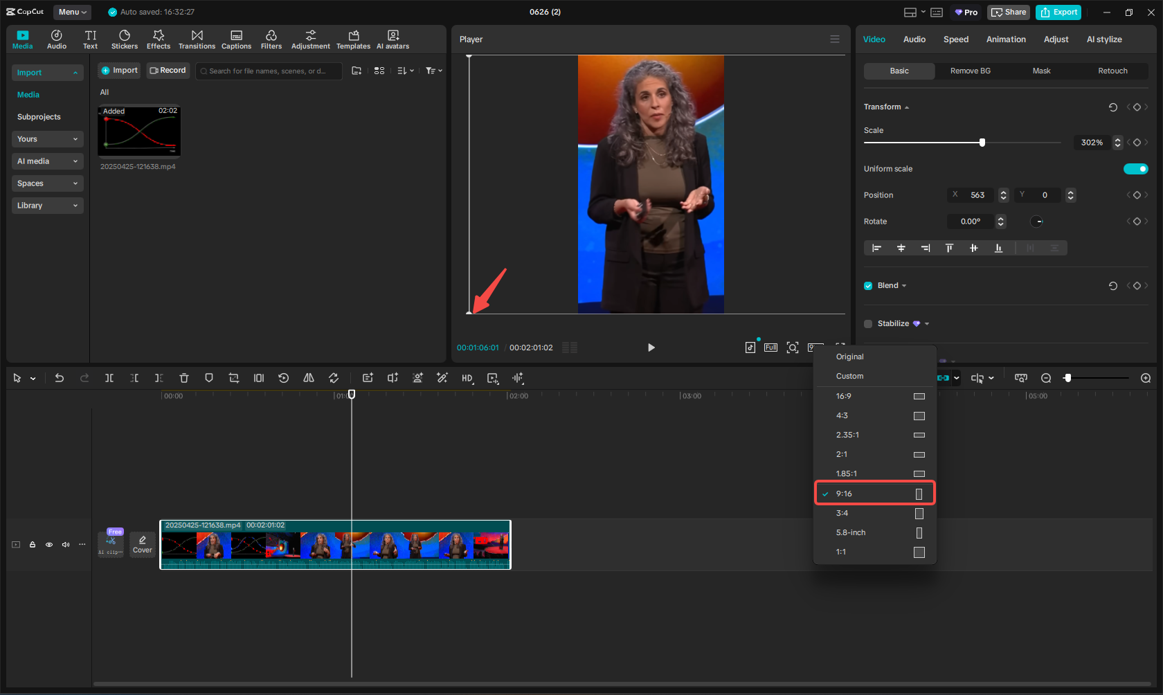 Seleccione la proporción de 9: 16 para el video de Instagram