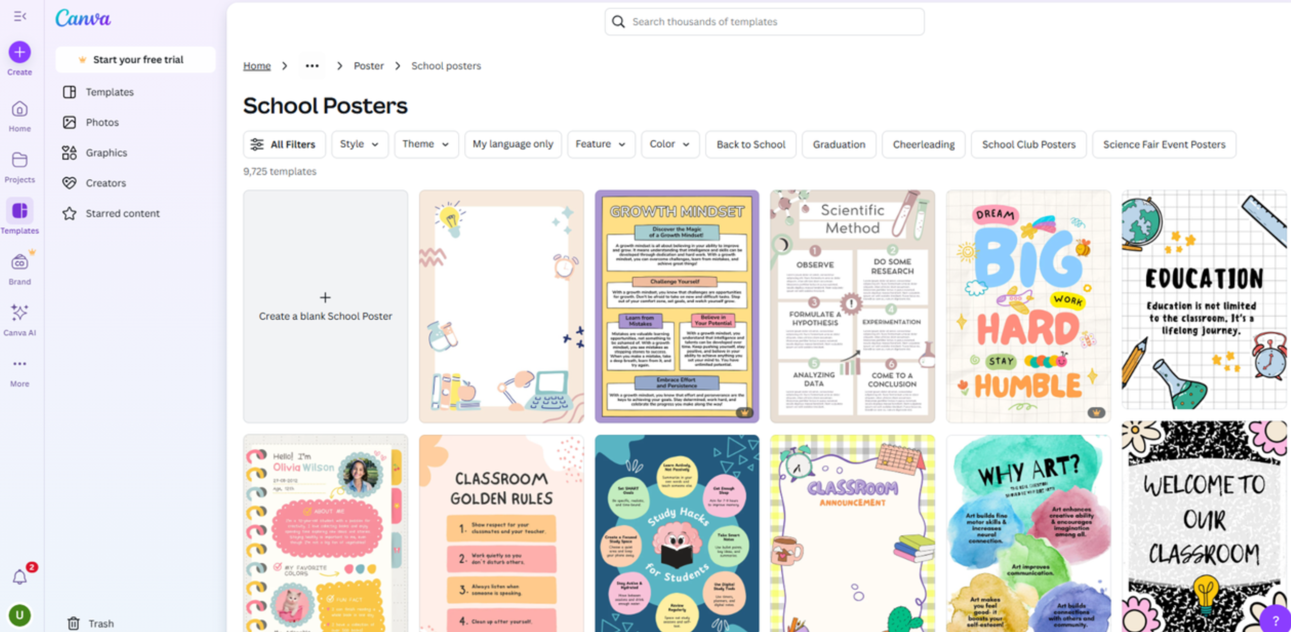 Interface of Canva - a professional tool to customize school poster designs