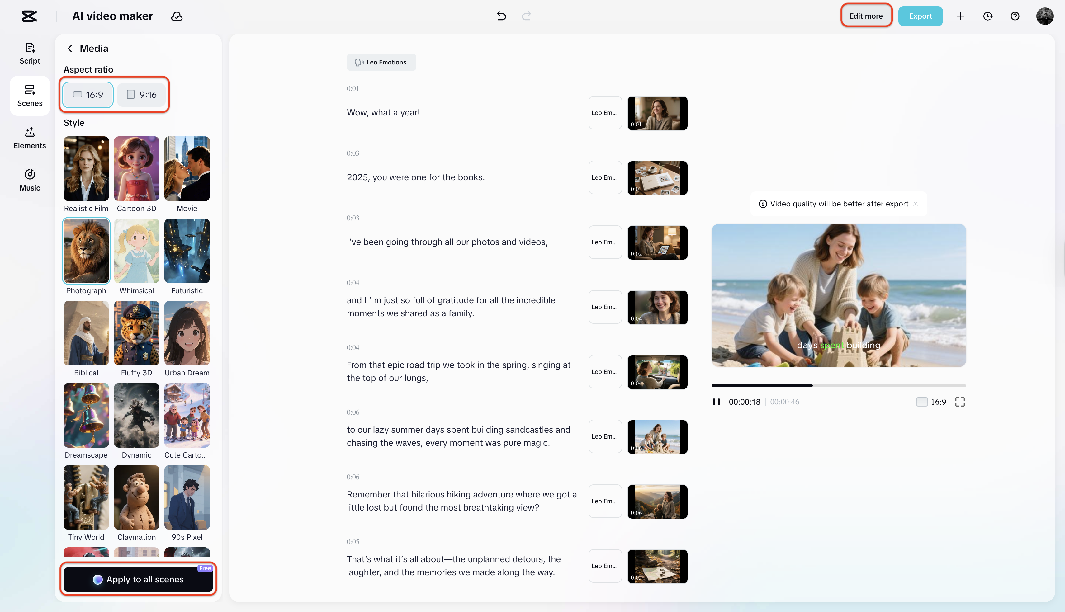 Edit more to open the video editing panel
