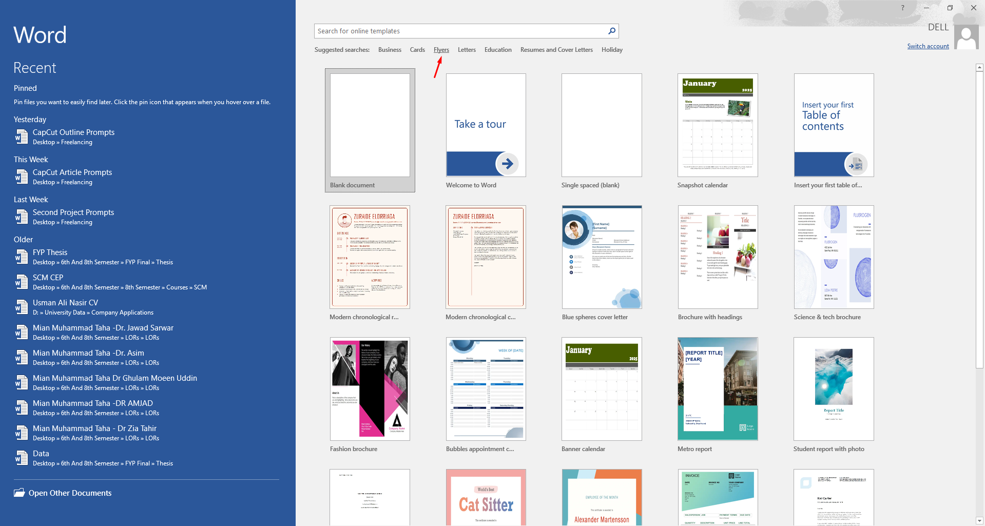 Finding the flyer template in Word