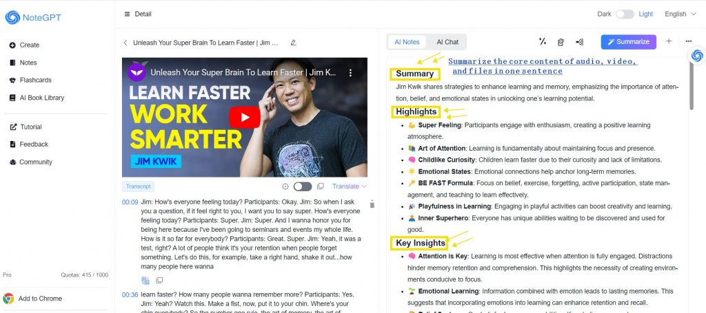 NoteGPT's YouTube summarizer