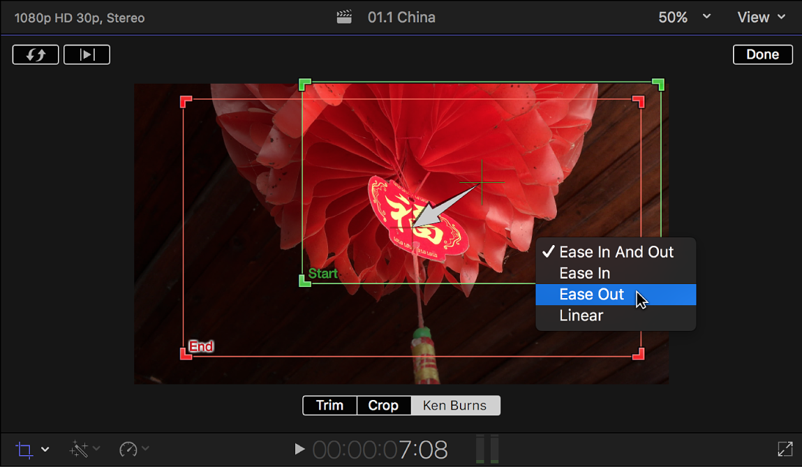 Efekt Kena Burnsa w FCPX pokazujący zoom i panoramowanie