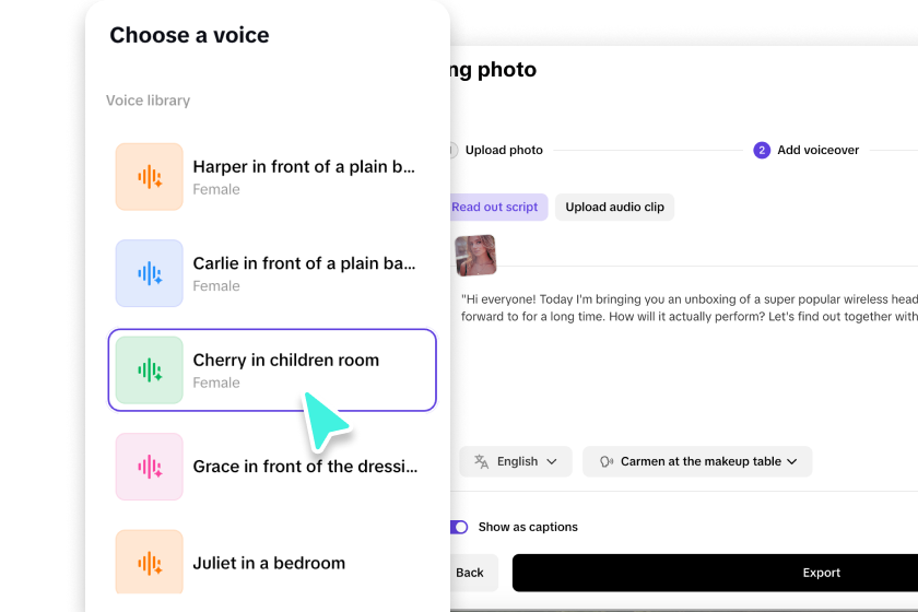 Enter script, choose language and add voice, then Save