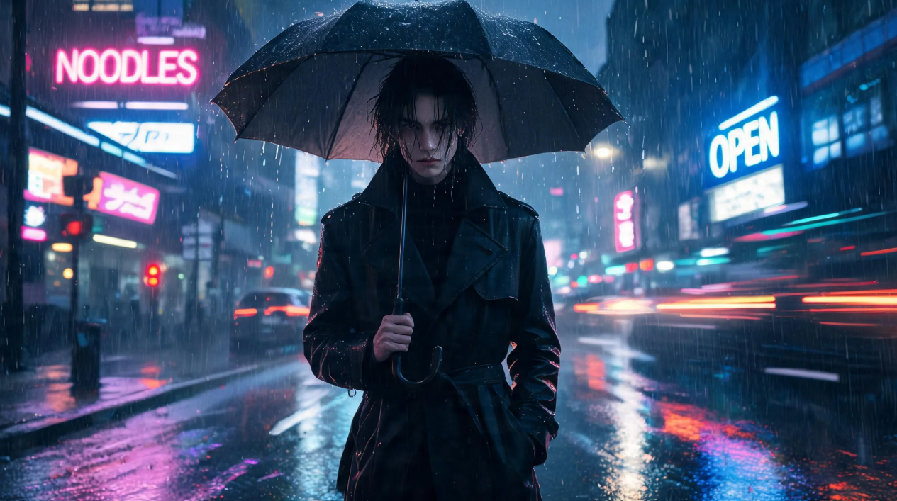 Rain-soaked neon street portrait visual