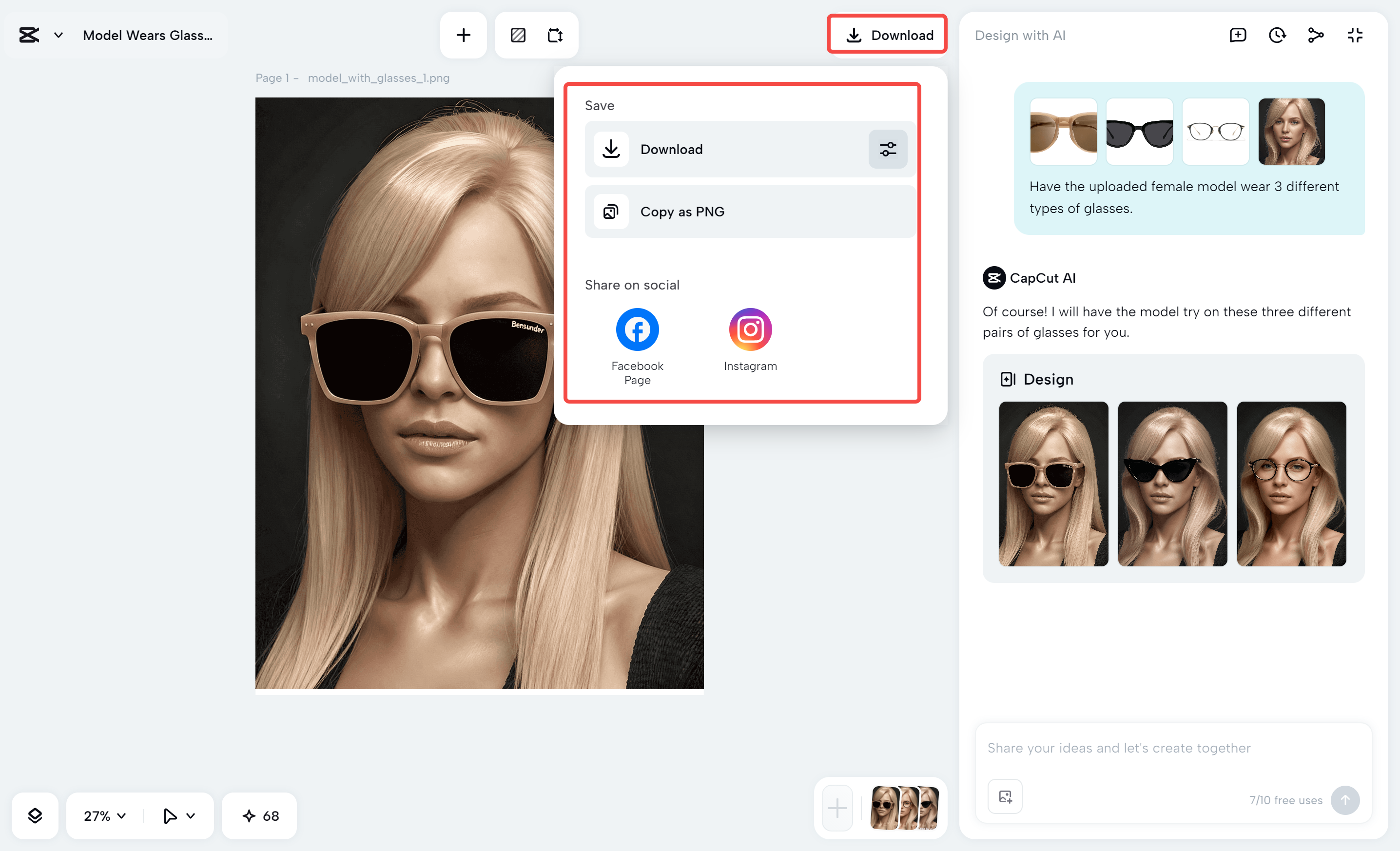 Downloading the AI glasses try-on photo from the CapCut desktop video editor