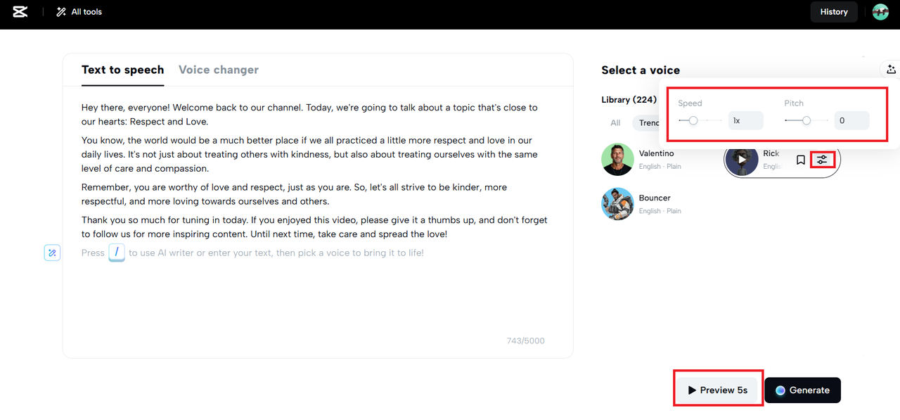 Passen Sie die Geschwindigkeit und den Abstand an und klicken Sie auf Vorschau