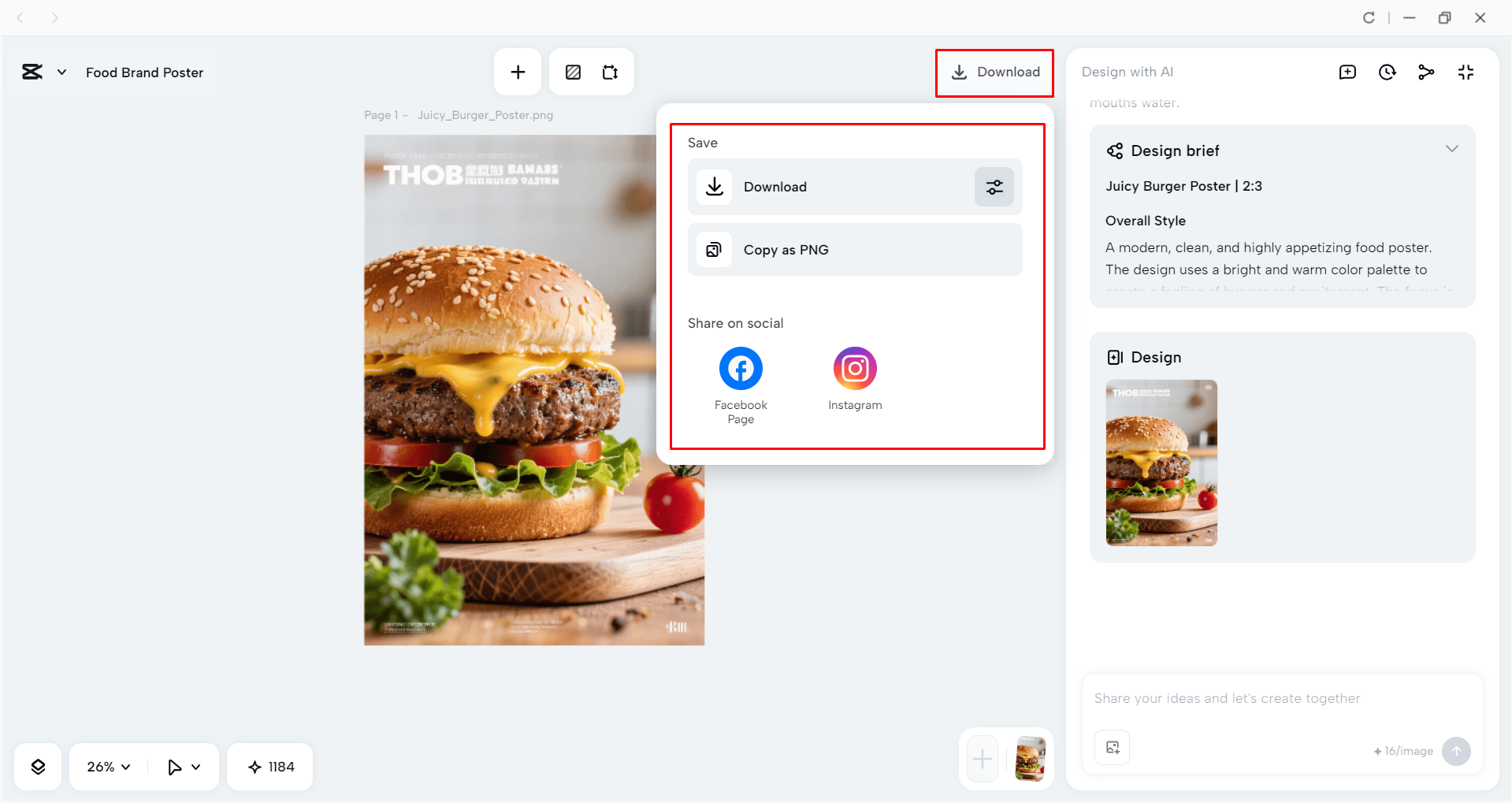 Downloading the food poster from CapCut