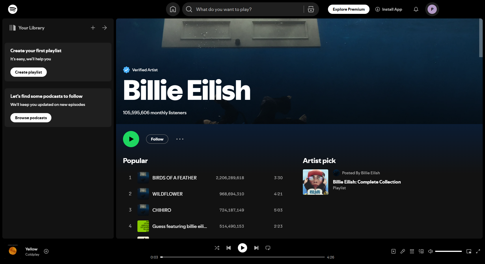 Interfaccia di Billie Eilish Spotify