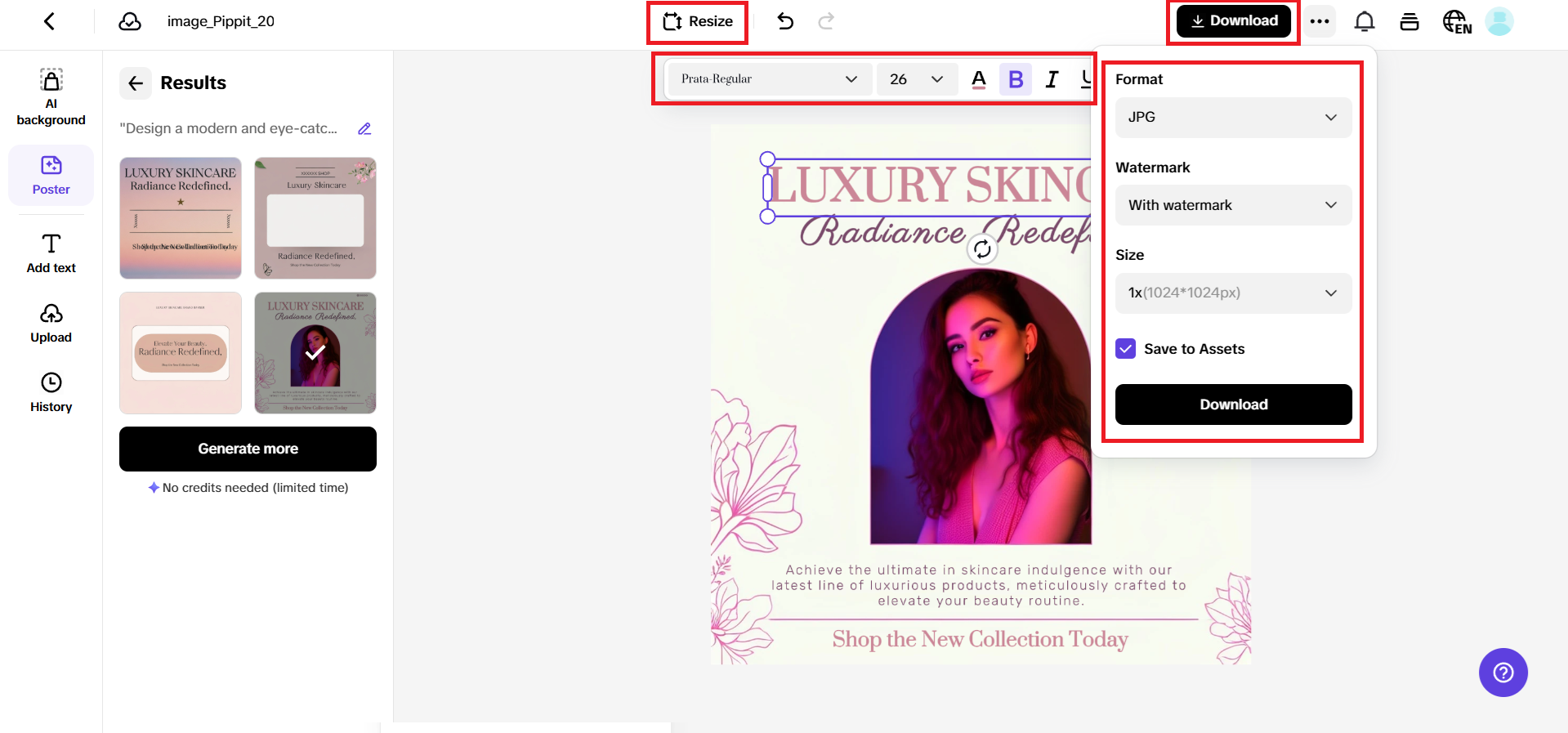 Select, edit text, and download your poster