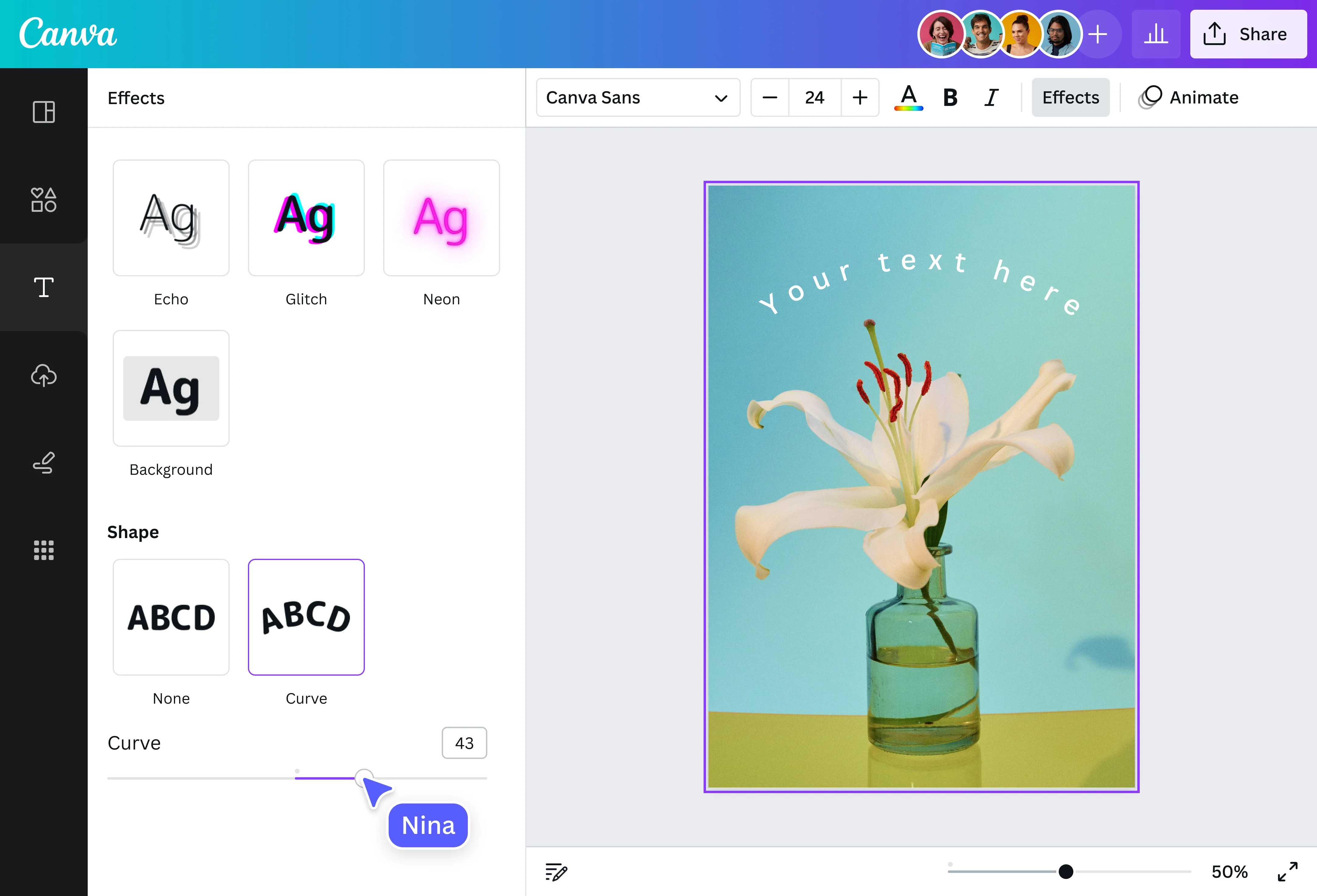 Interface of Canva - an online tool to edit text in photos