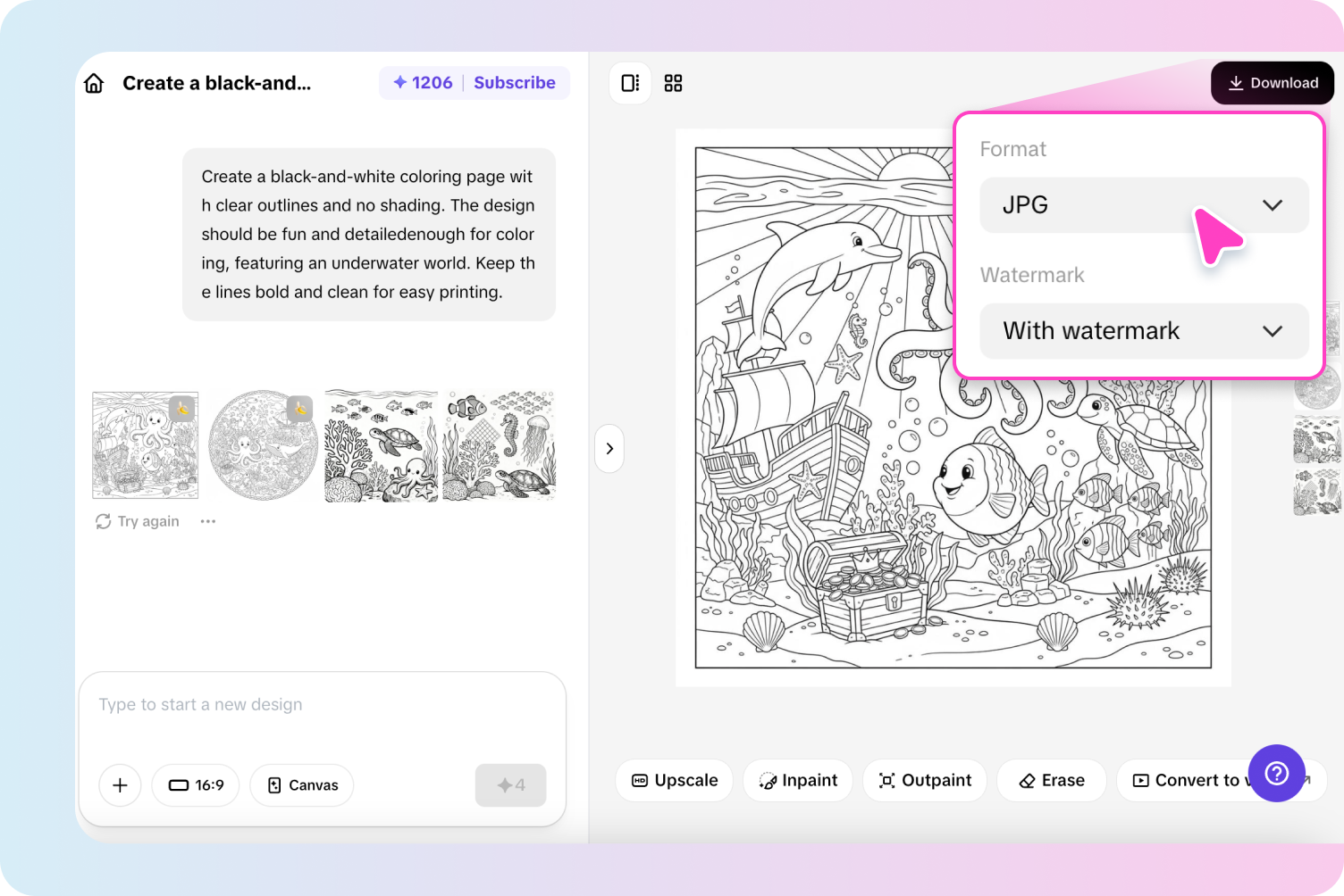 Exportation de pages à colorier depuis Pippit