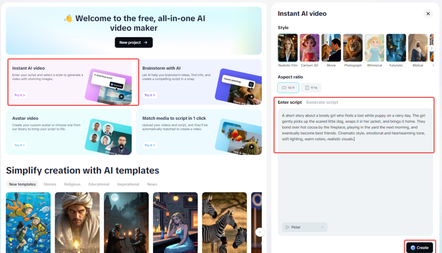 Enter the text prompt into the Instant AI video