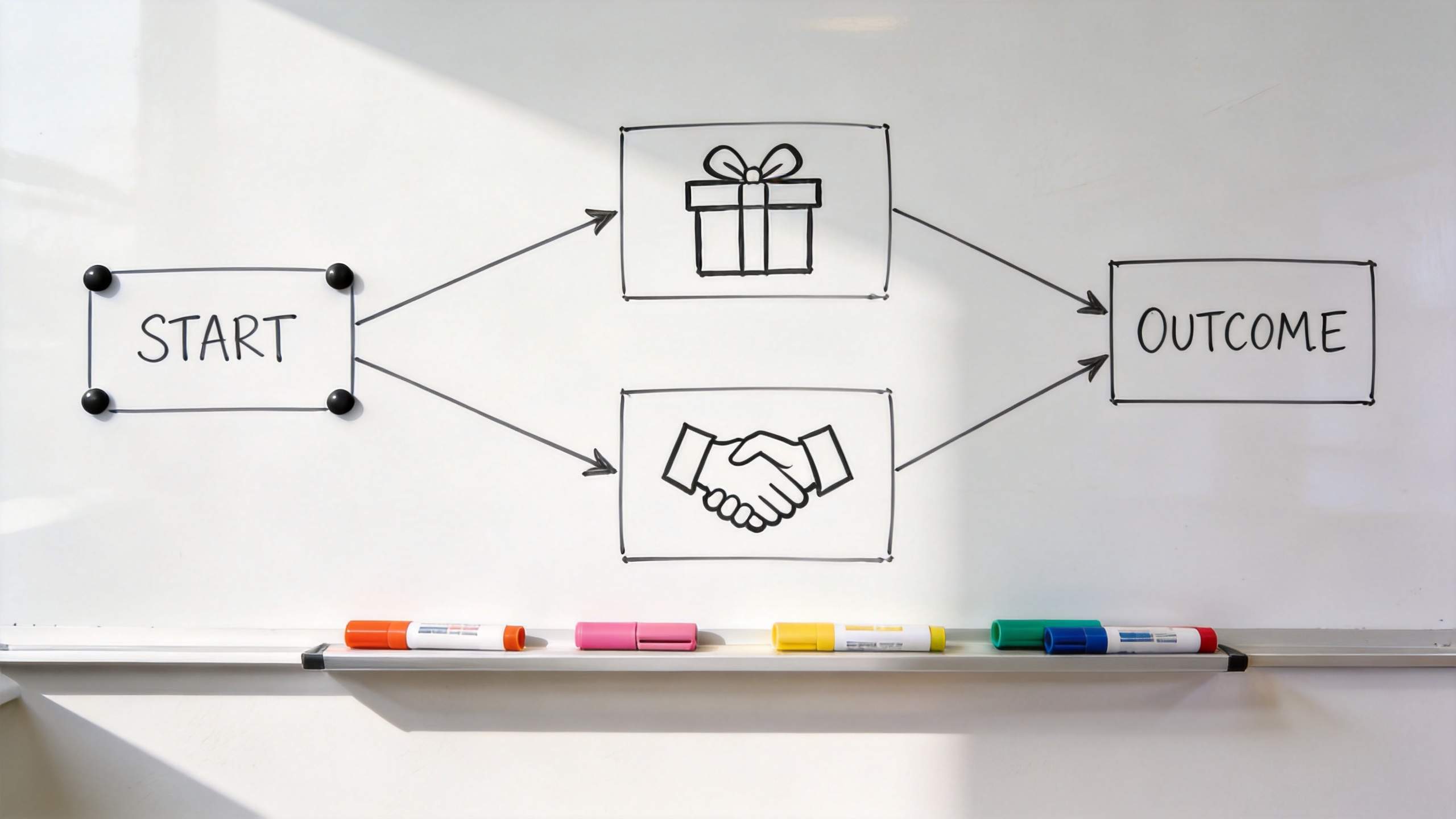 Flowchart on a whiteboard with start, gift, handshake, and outcome boxes