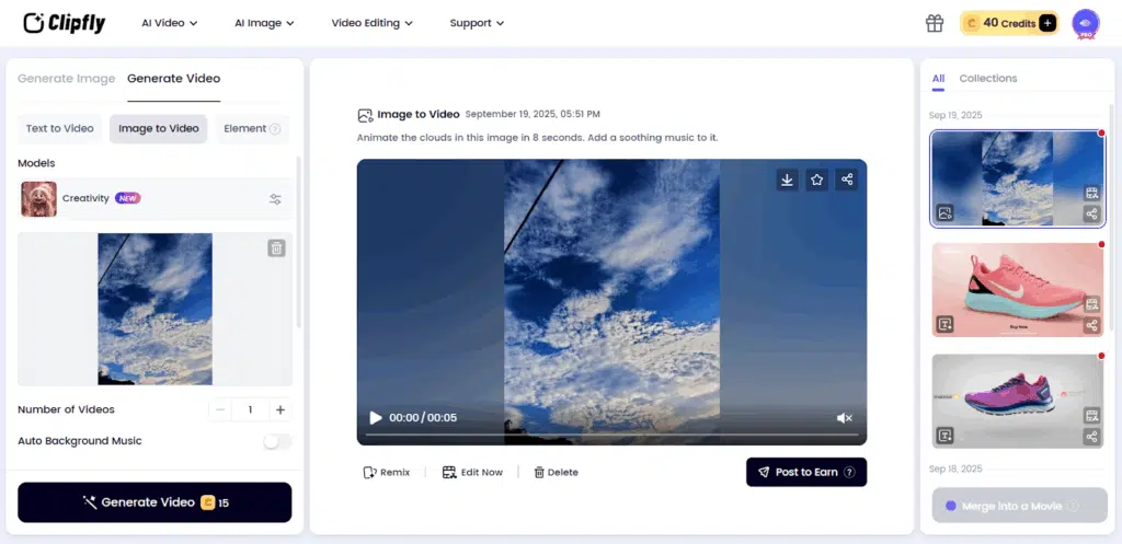 Interface of the Clipfly AI video generator