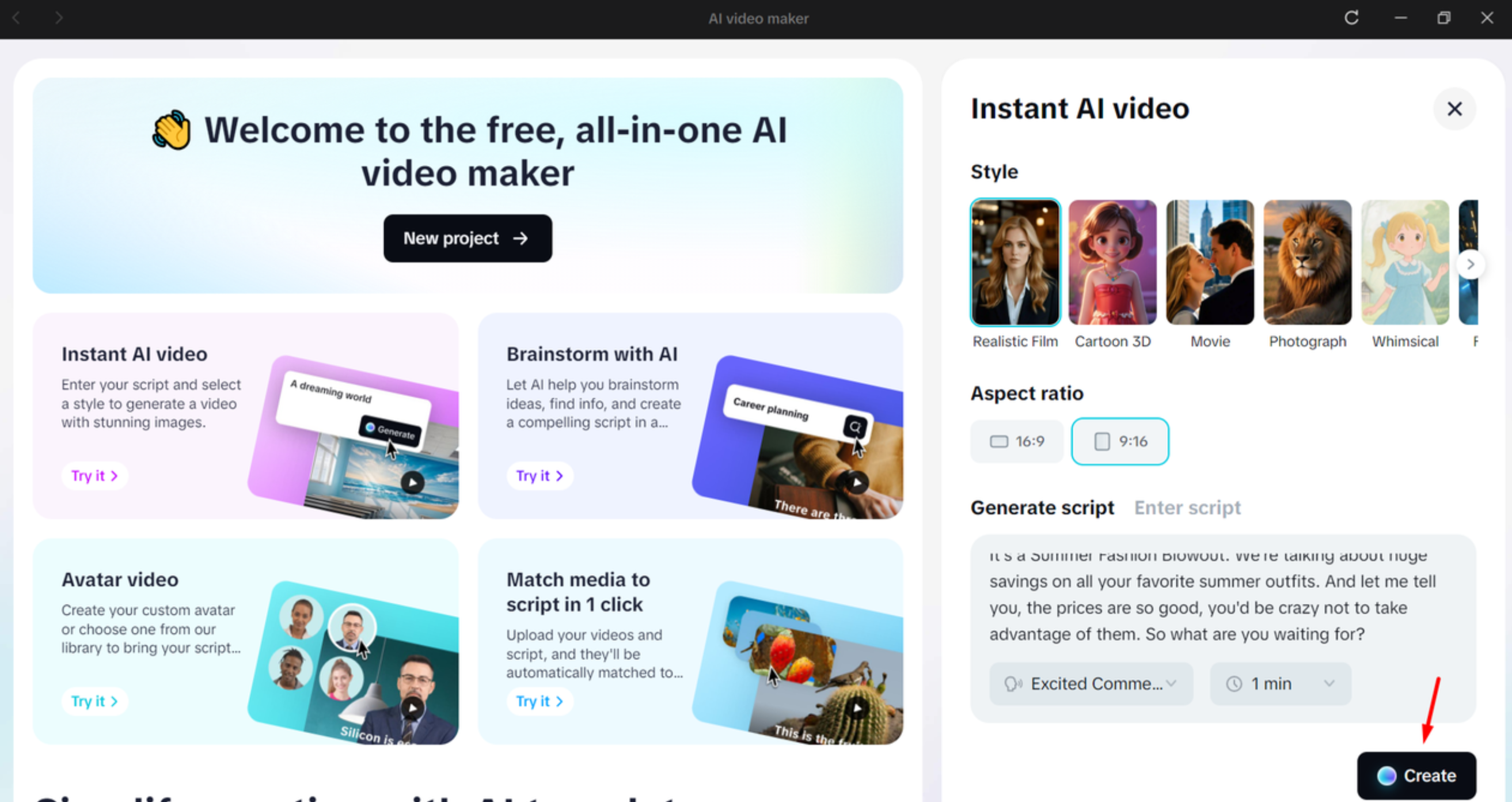 Eingabe der Eingabeaufforderung der Videoanzeige im AI Video Maker