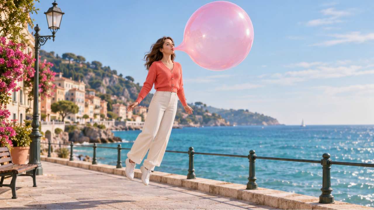 Premium 16:9 whimsical photorealistic keyframe, full-body original adult woman in coral cardigan and ivory trousers gently floating above pastel seaside promenade, giant translucent glossy pink gum bubble extends forward and upward directly connected by narrow gum base to lips. Three-quarter face with eyes visible, empty relaxed hands, feet above pavement, turquoise sea soft morning sun, ample frame, no string no text.