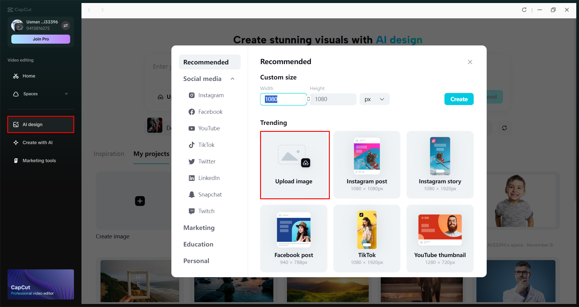 Uploading an image to the CapCut desktop video editor