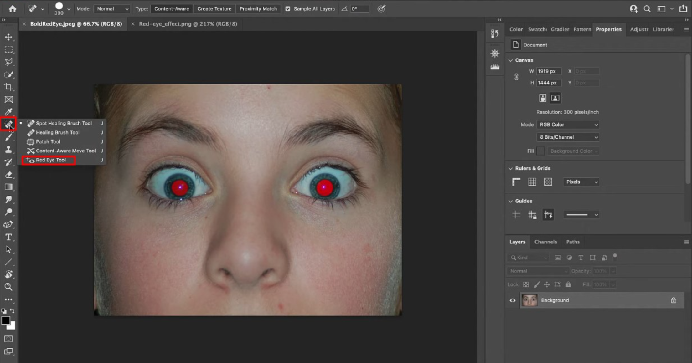 Select the red tools from the tool menu to correct red eye in Photoshop