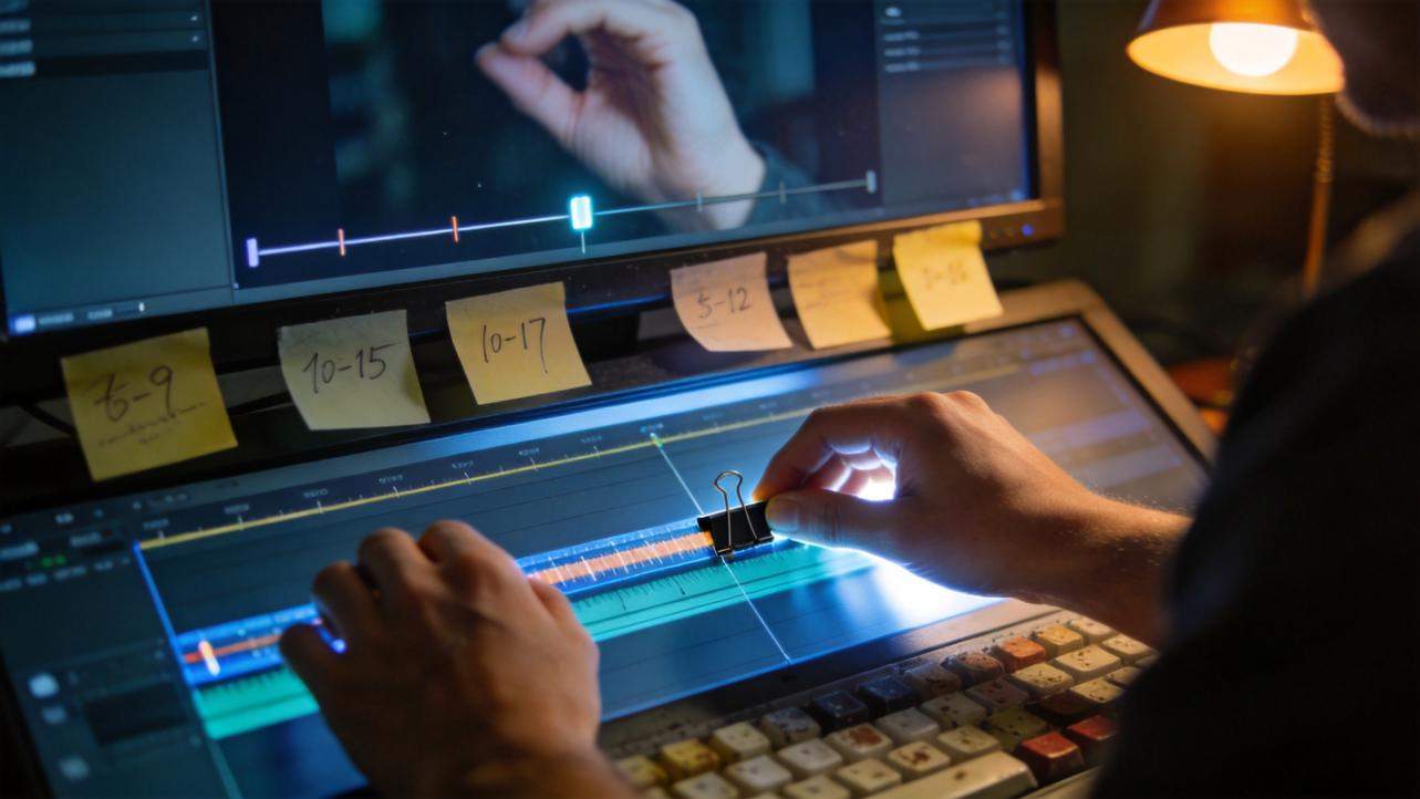Hands editing an audio timeline on a dual-screen video editing setup with sticky note time markers