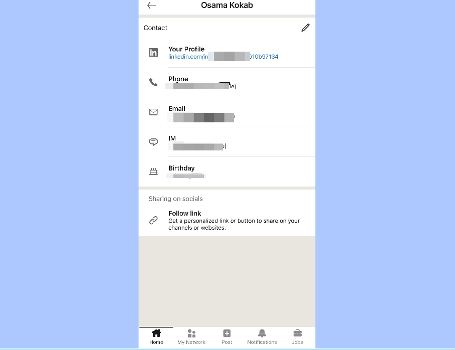 LinkedIn URL on mobile via contact info