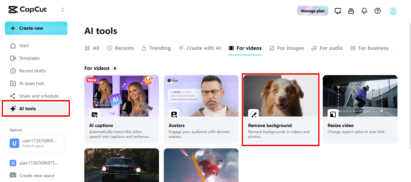 Opening Remove background tool in CapCut Web