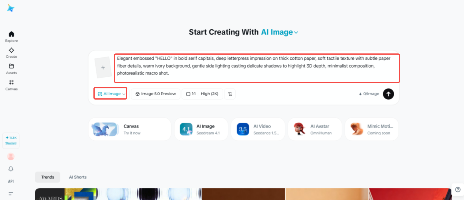 Accessing the "AI Image" feature in Dreamina