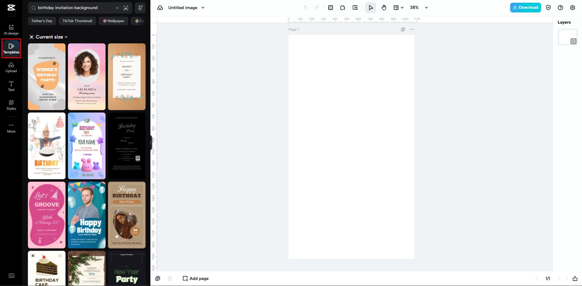 Choosing a birthday invitation background template in CapCut Web