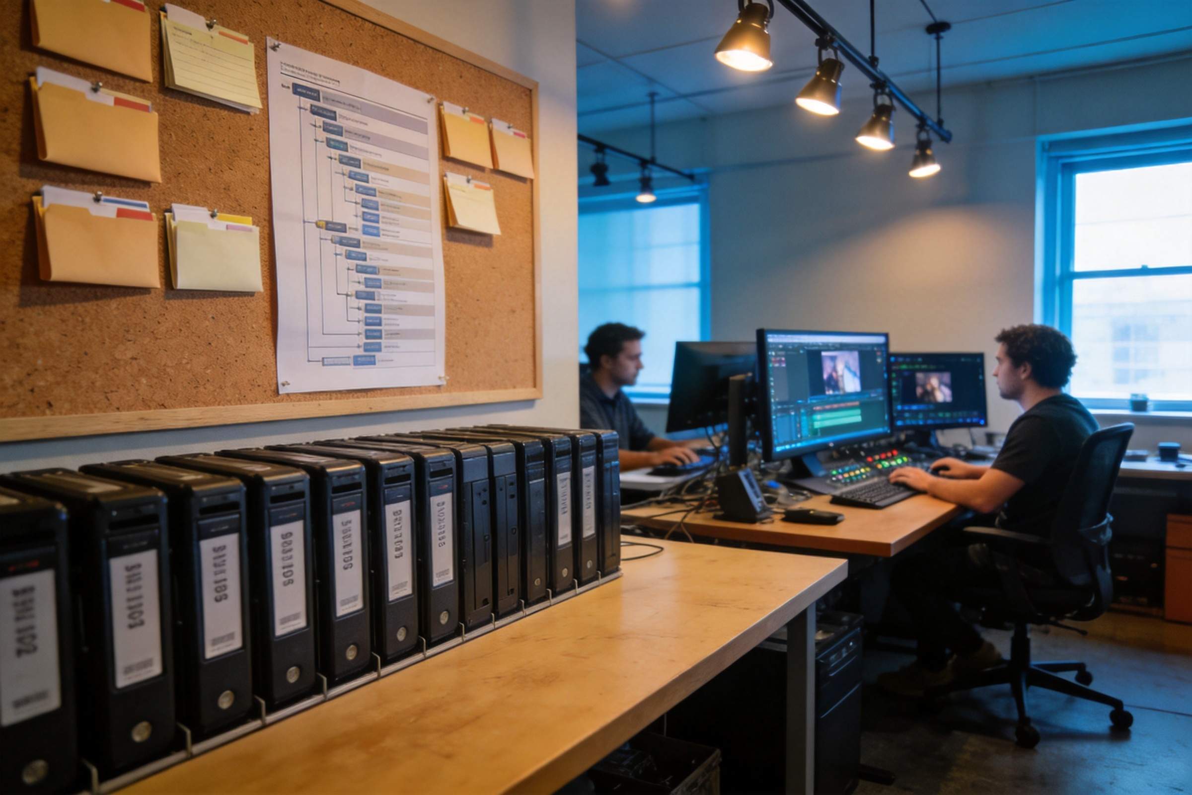 Organized binders on a shelf beside editors working at dual monitors in a video studio