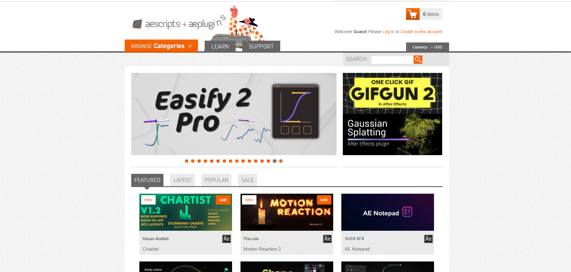 Interface of Aescripts - another platform to get free AE plugins