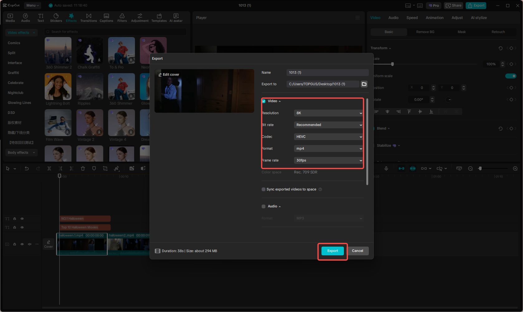 Exporting the Halloween movie collection in CapCut