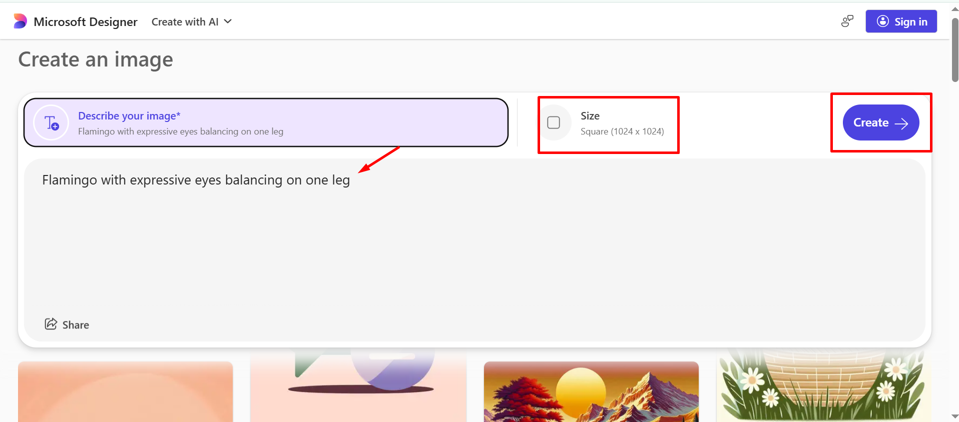 Entering image descriptions in the Microsoft Copilot AI image generator