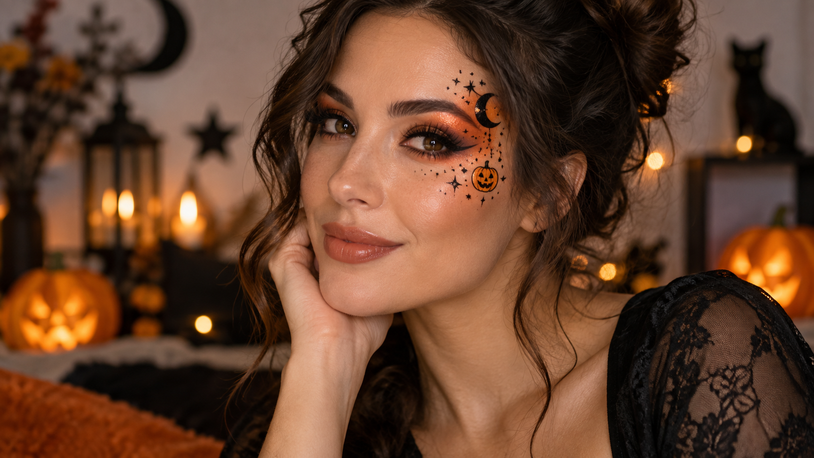 a face-forward Halloween portrait with a restrained makeup or tattoo-style motif